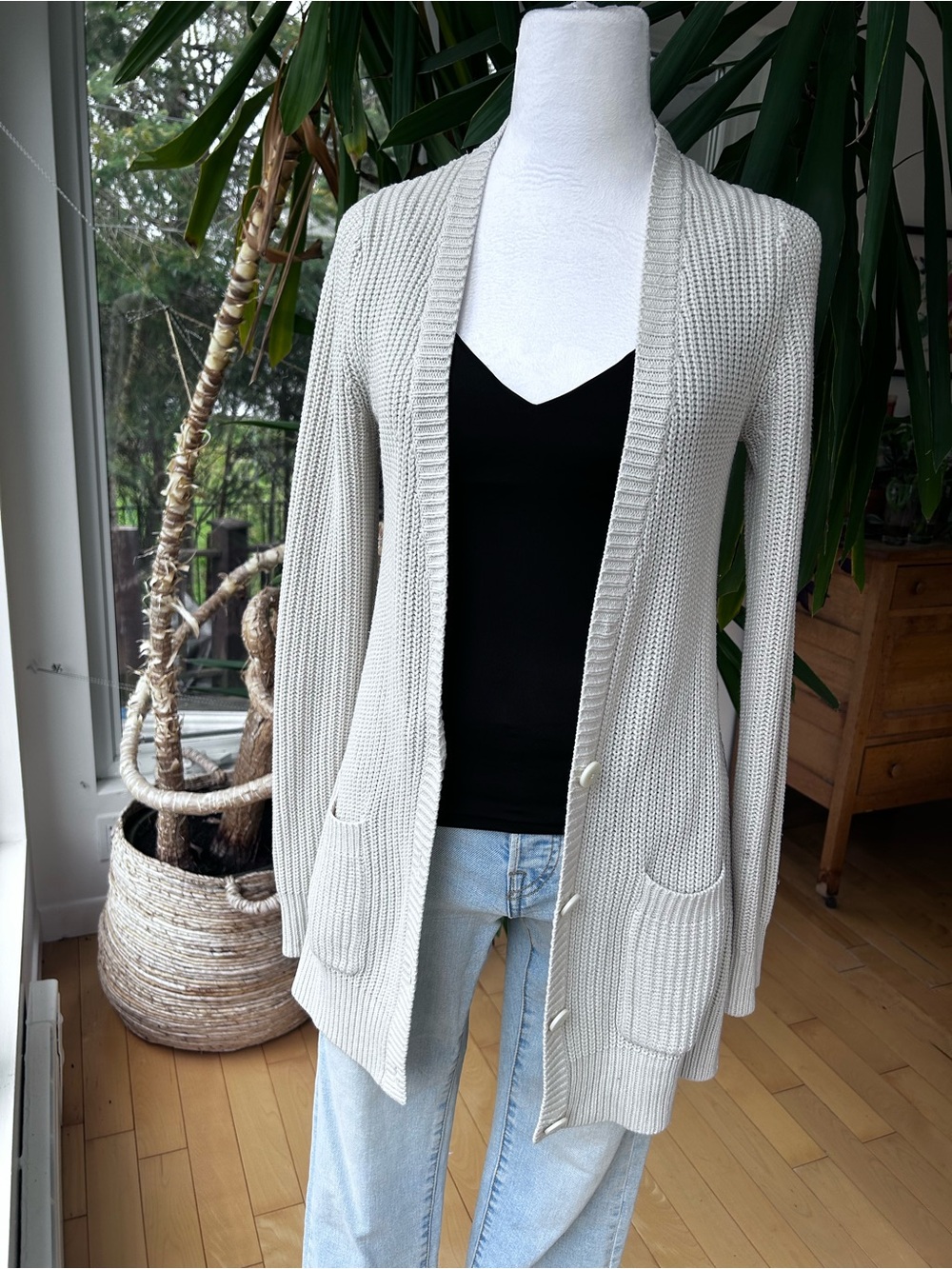 Light Beige Open-Front Knit Cardigan Sweater